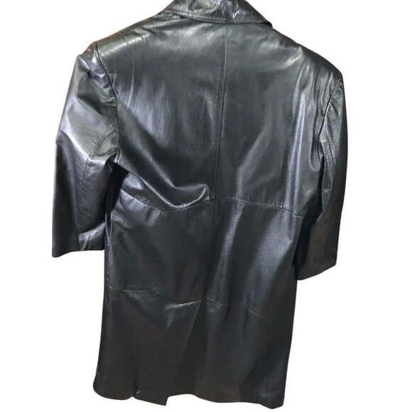 Vintage Charles Klein Womens Leather Trench Cota Small Black Button Front Biker - Picture 2 of 16